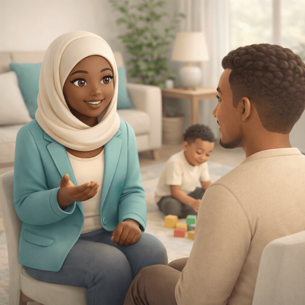 Family and therapist in a supportive, collaborative moment at home